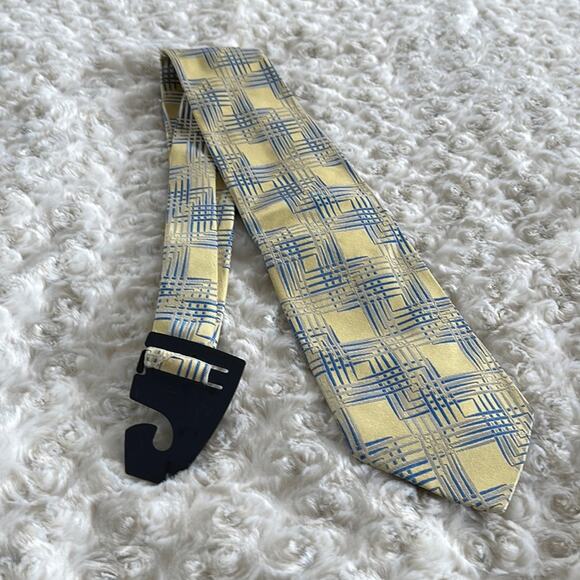 LAMBERTI  Men’s Silk Tie Geometric Print Yellow Blue Made in Italy - Picture 6 of 8